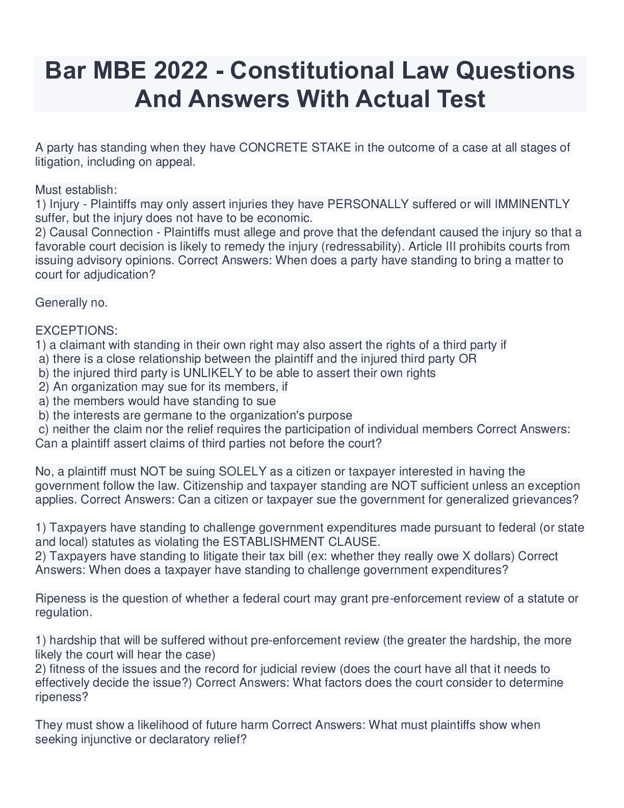 Bar MBE 2022 Constitutional Law Questions And Answers With Actual